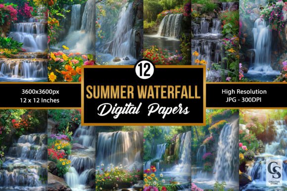 Summer Floral Waterfall Backgrounds: 12 Digital Papers for Every Project